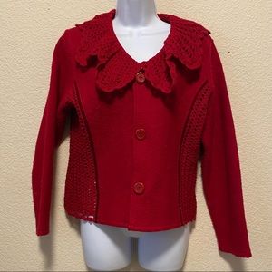 Lisa International Vtg Fitted Sweater Red Boiled Wool Crochet Ruffled Cardigan